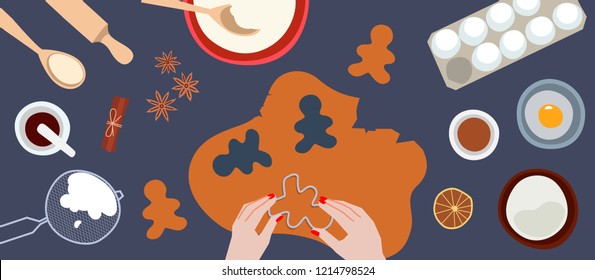 Process Of Cooking Gingerbread. Preparing Ginger Cookies. Top View. Christmas Food. Vector Flat Cartoon Style. Illustration For Banner, Advertising. Cooking Master Class. 