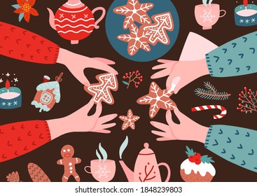 Process of cooking gingerbread. Two pairs of hands. Preparing ginger cookies. Top view scene. Christmas cookies food. Vector flat cartoon illustration for banner, advertising. Cooking master class