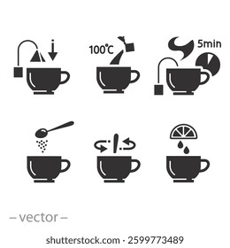 process cooking hot drink, tea preparation instruction icon set, making cup with kettle for pour water, time brew tea, flat vector illustration
