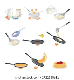 Process of Cooking Pancakes Step by Step with Ingredients Vector Set