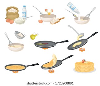 Process of Cooking Pancakes Step by Step with Ingredients Vector Set svg