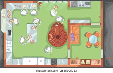 The process of cooking pizza by the chef in top view. The restaurant has a kitchen with furniture arrangement, layout with an oven. A color drawing of a catering company. Vector illustration