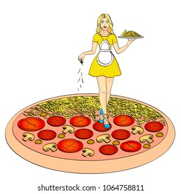 Process of cooking pizza. Cheese pours over the girl cook, waitress sexy, young and beautiful. Not the standard size of a woman, small. Isolated object on white background