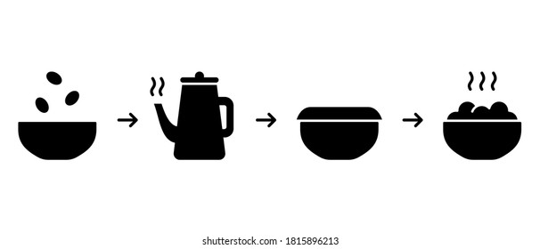 Process of cooking porridge, soup, cereal, oatmeal, puree. Brewing dry ingredients in bowl with boiling water. Instant food silhouette instruction. Icons for packaging. Black flat vector illustration