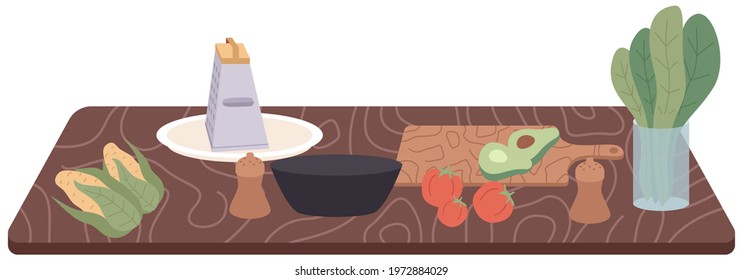 Process of cooking vegetarian food. Proper nutrition, healthy lifestyle and vegetarianism concept. Fresh vegetables for making vegetarian salad. Preparation of ingredients for future dish without meat