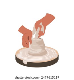Process of crafting clay workpiece for earthenware utensils, hobby profession vector illustration