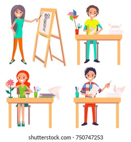 Process of creating art picture by pencil, making swan and dog, colorful flower from paper in origami concept, set of illustrations