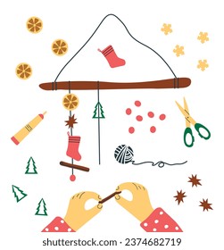 Process creating Christmas decoration. Human hands are doing creativity. Handmade decor. Drawing in flat cartoon style. Handicraft workshop. Top view of workplace. New Year's holiday decoration.