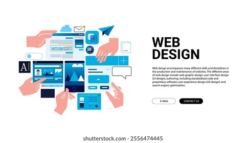 The process of creating a concept for a digital project, website or webpage, ui ux design, mobile app design. Illustration of digital product development in outline style.