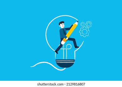 Process of creating an idea. Man use pencil to draw a light bulb. Vector illustration. Creativity and imagination to create content, writer or creator inspiration for new idea