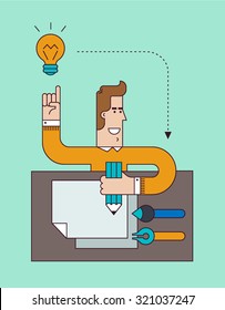 The process of creating and implementing ideas. Designer or other creative employee have a good idea and he sketched it on the paper sheet. Vector illustration.