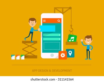 Process of creating mobile application. Team of people use construction tools creating interface on phone tablet. Flat style vector design.