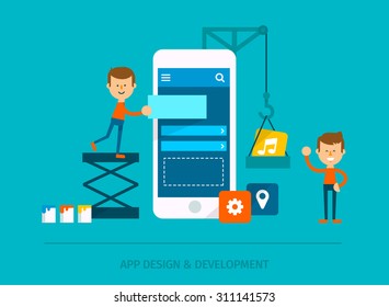 Process of creating mobile application. Team of people use construction tools creating interface on phone tablet. Flat style vector design.