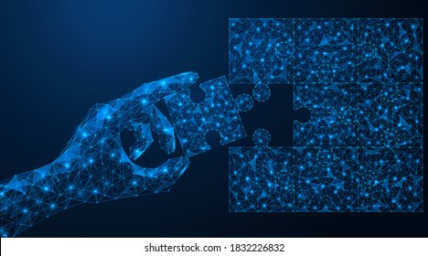 The process of creating a puzzle. The human hand puts the final part of the image. Polygonal construction of concatenated lines and points. Blue background.