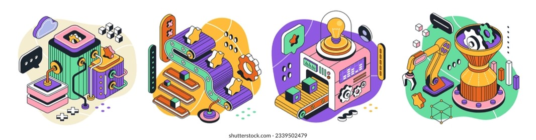 Proceso de creación de conjunto. Plantas y fábricas con mecanismos de ingeniería y desarrollo de productos. Diseño realista isométrico de sitios web y aplicaciones. Colección de vectores aislada en fondo blanco