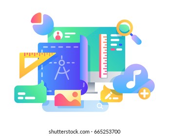 Process of creating web page design, adding service icons to application. Vector illustration