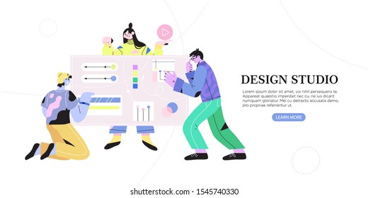 Process of creating website template and programming. Team of designers doing research, generate ideas and prototyping. Teamwork concept. Vector illustration for banners, landing page and ads.