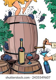The process of creating wine and drinking it instantly. A large barrel of grapes, women's feet crushing them, a man pouring a drink into a bottle. Alcoholic drinks with incredible taste.Comic cartoon