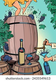 The process of creating wine and drinking it instantly. A large barrel of grapes, women's feet crushing them, a man pouring a drink into a bottle. Alcoholic drinks with incredible taste.Comic cartoon