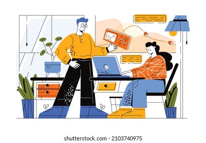 The process of creative teamwork. A guy and a girl are building a business on the Internet. The guy analyzes the statistics on the screen. Well-coordinated work of the business team. Vector