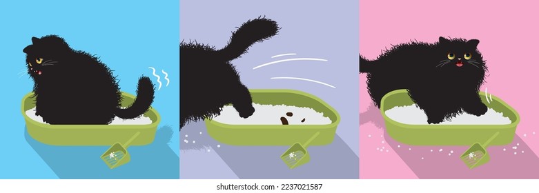 Der Prozess einer süßen, flauschigen schwarzen Katze mit einem Wurffach. KatzenToilette. Katzensand. Vektorgrafik.