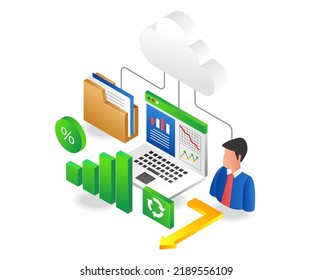 Process data analysis cloud server in isometric illustration