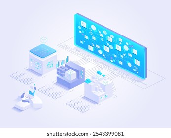Processo de análise de dados usando inteligência artificial e aprendizagem automática. Servidores e uma pessoa trabalhando em um computador, com uma tela grande exibindo gráficos. Integração de tecnologia