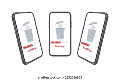Process Delete file in paper. Remove document on smartphone screen. Vector stock illustration.