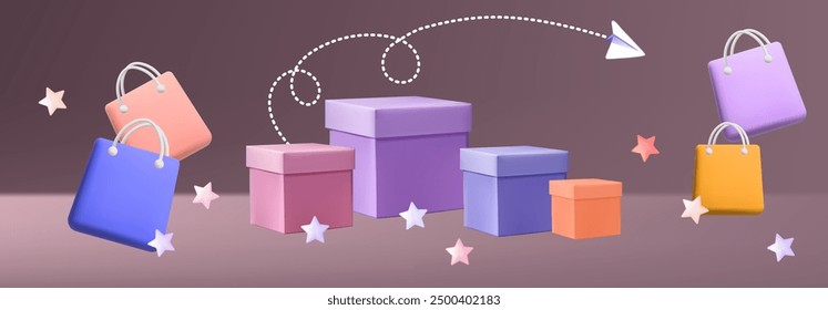 The process of delivering goods or services from one place to another. Gift boxes, shopping bags, free shipping, surprise, present. Online sale, transportation to the address specified by the buyer. 