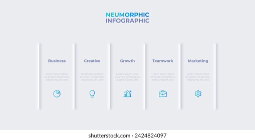 Process description with 5 steps, options, parts or processes separated by a vertical line. Light neumorphism infographic template