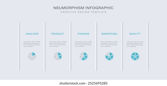 Descrição do processo com 5 etapas, opções, partes ou processos separados por uma linha vertical. Modelo infográfico de neumorfismo leve