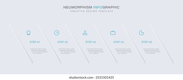 Descripción del proceso con 5 pasos, opciones, piezas o procesos separados por una línea diagonal. Plantilla de infografía de neumorfismo ligero