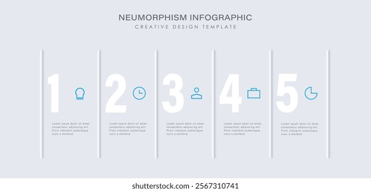 Process description with 5 steps, options, parts or processes separated by a vertical line. Light neumorphism infographic template