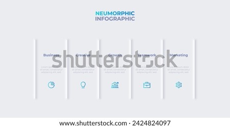 Process description with 5 steps, options, parts or processes separated by a vertical line. Light neumorphism infographic template