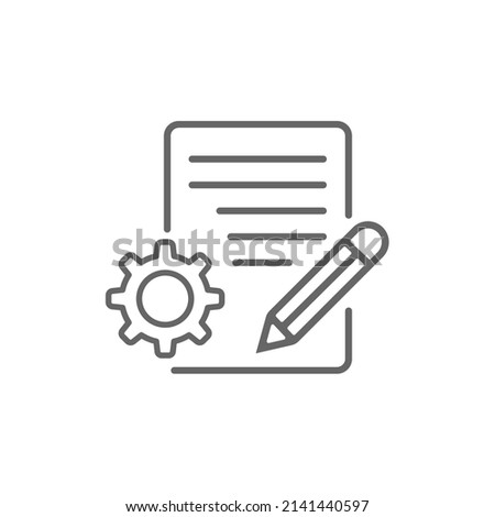 Process description icon. A gear, a piece of paper and a pencil. Linear vector illustration.