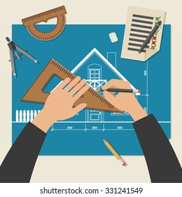 Process of designing the house. Simple vector illustration of blueprints with professional drawing equipment.