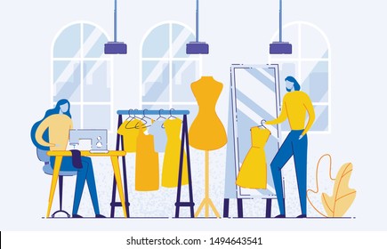 Process of Designing and Making Clothes Flat Cartoon Vector Illustration. Dressmaker Creating Things Working with Thread Machine, Clothing Designer or Tailor Working at Atelier. Mirror, Mannequin.