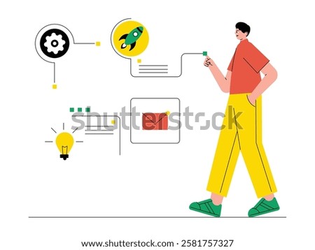The process of developing ideas to meet marketing needs by entrepreneurs, solopreneur vector illustration.