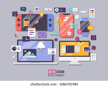 The process of developing interface for digital gadgets. Flat design template for mobile app and website design development with included UI UX elements.