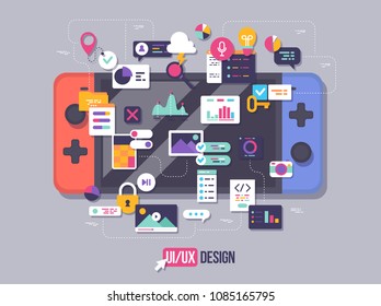 The Process Of Developing Interface For Game Console. Flat Design Template For Mobile App And Website Design Development With Included UI UX Elements.