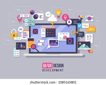 The process of developing interface for laptop. Flat design template for mobile app and website design development with included UI UX elements.