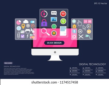 The process of developing interface for pc flat design template for mobile app and website design