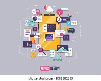 The Process Of Developing Interface For Smartphone. Flat Design Template For Mobile App And Website Design Development With Included UI UX Elements.