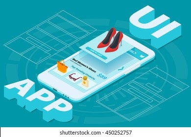 The process of developing the site interface. Mobile app development. 3d flat isometric illustration with smartphone on light blue background