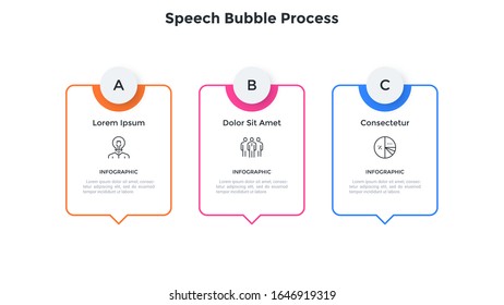 Process diagram with 3 rectangular speech bubbles placed in horizontal row. Concept of three investment options to choose. Minimal infographic design template. Flat vector illustration for report.