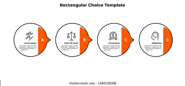 Process diagram with 4 circular elements with arrows placed in horizontal row. Concept of four successive stages of business project. Simple infographic design template. Flat vector illustration.