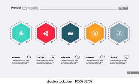 Process diagram with five elements. Step chart, timeline, slide template. Creative concept for infographics, presentation, report. Can be used for topics like business, statistics, human resource