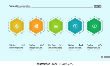Process diagram with five elements. Step chart, timeline, slide template. Creative concept for infographics, presentation, report. Can be used for topics like business, statistics, human resource