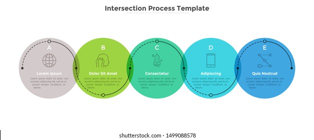 Process Diagram With Five Intersected Colorful Translucent Round Elements. Concept Of 5 Development Stages Of Business Project. Flat Infographic Design Template. Vector Illustration For Progress Bar.