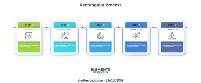 Process diagram with five paper white rectangular elements or cards placed in horizontal row. Concept of 5 steps of business development. Simple infographic design template. Flat vector illustration.